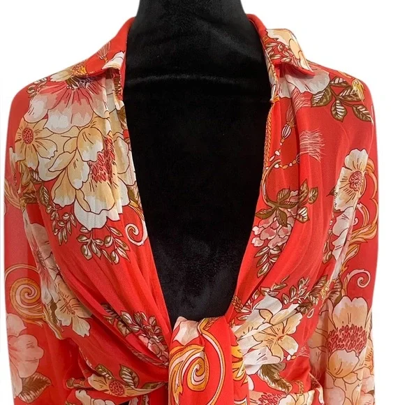 Floral Red, Orange Vacation-Ready Orange Floral Blouse, front tie, bell sleeve - Picture 6 of 8